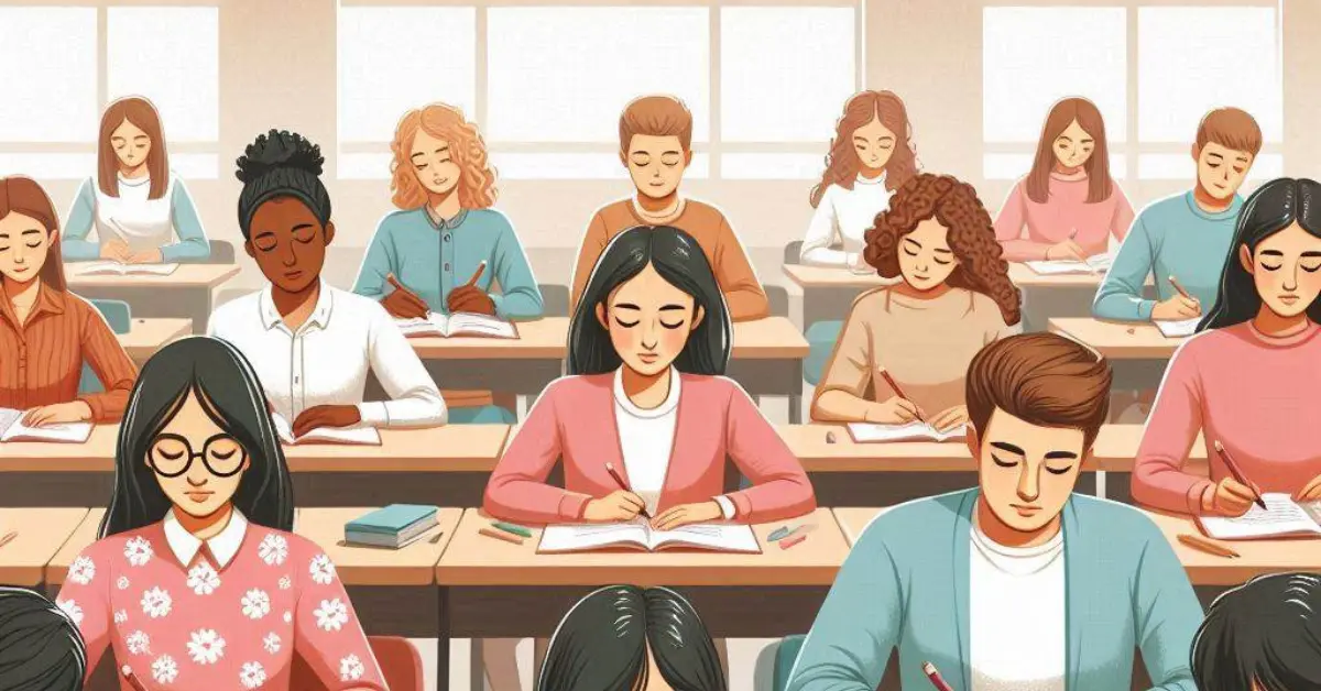 ilustração de alunos dentro da sala de aula fazendo uma prova
