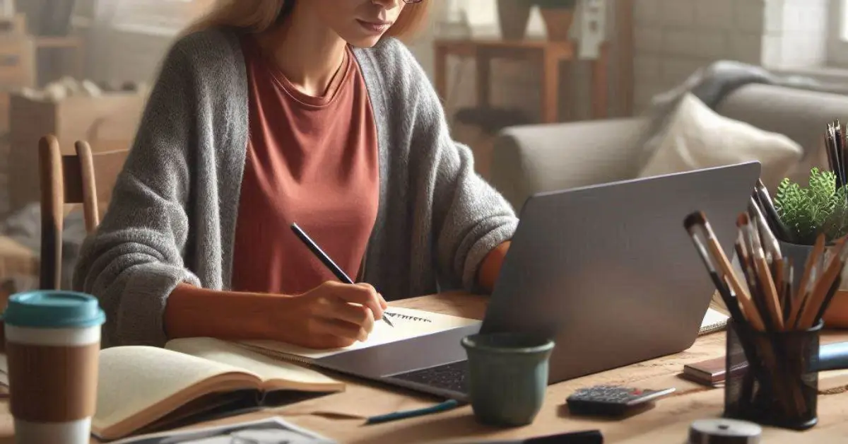 mulher estudando em casa usando um notebook