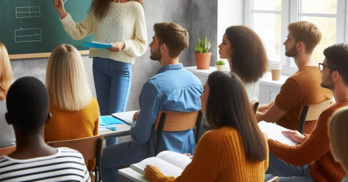 alunos em uma sala de aula com a professora